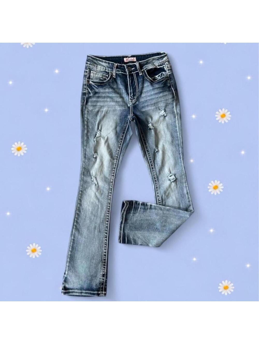 Vintage Y2K True Leech low rise medium wash McBling flare jeans size 7/8 💙